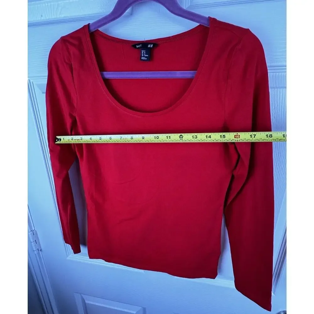 H&M Scooped Neck Top Long Sleeves Red M Casual Minimalist 50-08 - Picture 5 of 15